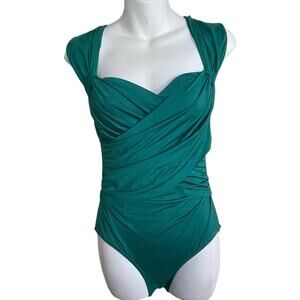 Badgley Mischka Green Drape One Piece‎ Vintage Surplice Swimsuit Size 6